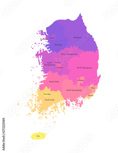 Vector isolated illustration of simplified administrative map of South Korea (Republic of Korea). Borders and names of the regions. Multi colored silhouettes photo