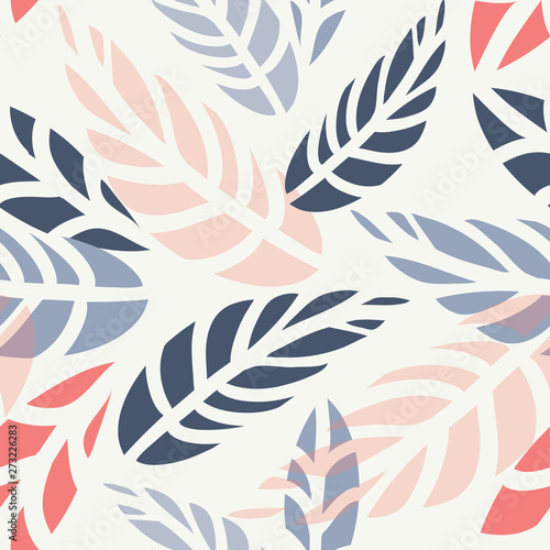 Bold modern leaves seamless pattern in light peachy pink, blue and coral colors on a light neutral background. Great for textiles, home decor, fashion, coastal looks, stationery and wallpaper. Vector.