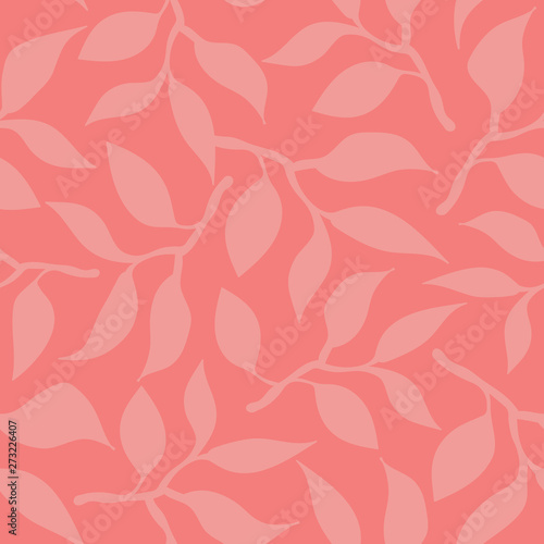 Coral leaves tonal seamless pattern in blush pink and coral. Beautiful background for cards, invitations, textiles, elegant party decor. Silhouettes of leaf groups create an all over vine. Vector.