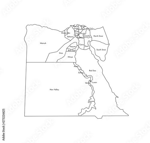 Vector isolated illustration of simplified administrative map of Egypt. Borders and names of the regions. Black line silhouettes