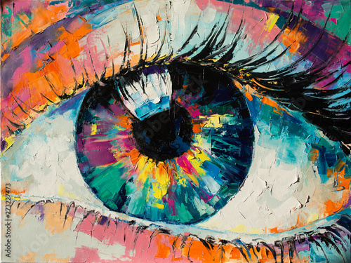 “Fluorite” - oil painting. Conceptual abstract picture of the eye. Oil painting in colorful colors. Conceptual abstract closeup of an oil painting and palette knife on canvas.