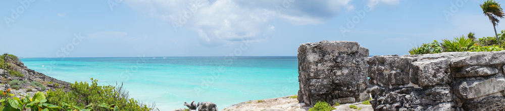 Panoramic of Ruins of Tulum with Caribbean sea at Riviera Maya, Quintana Roo, Mexico Panoramic of Ruins of Tulum with Caribbean sea at Riviera Maya, Quintana Roo, Mexico