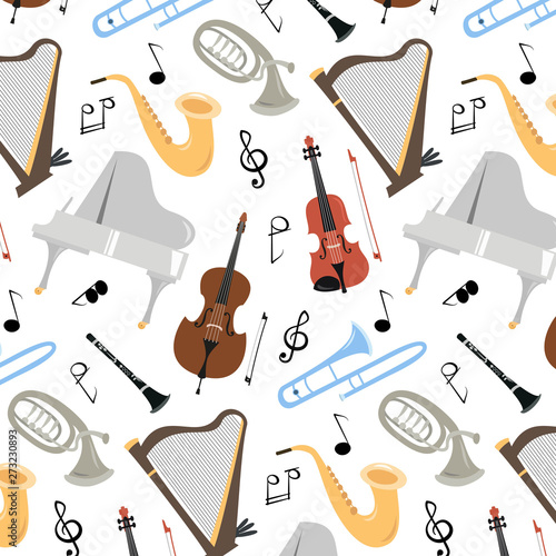 Seamless pattern with musical instruments on the white background.