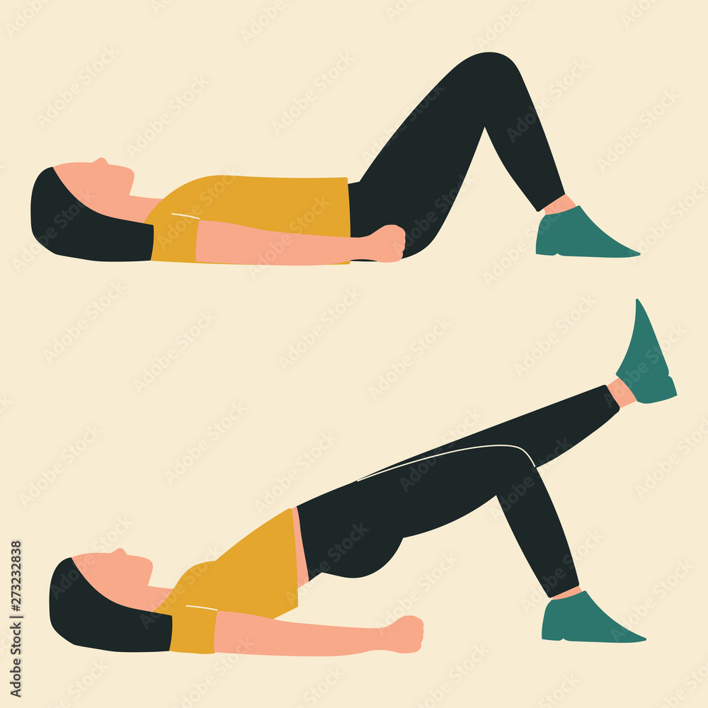 Woman doing hip bridge with extension. Illustrations of glute exercises ...