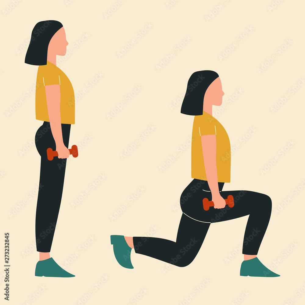 Woman doing lunges. Illustrations of glute exercises and workouts. Flat vector illustration