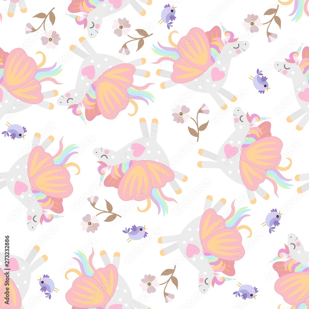 Unicorns with wings of butterfly, birds and flowers isolated on white background seamless gentle pattern. Unicorns with wings of butterfly, birds and flowers isolated on white background seamless gentle pattern.