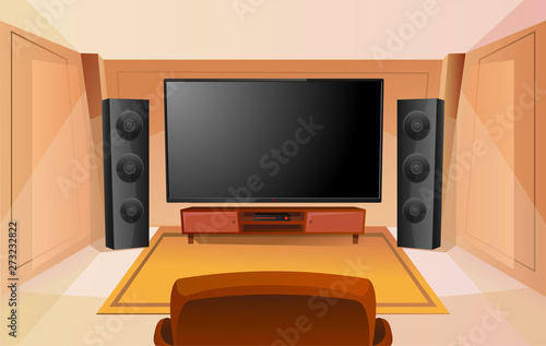 Home theater in cartoon style with big TV. Room with sofa. Modern interior. Acoustic stereo sound.