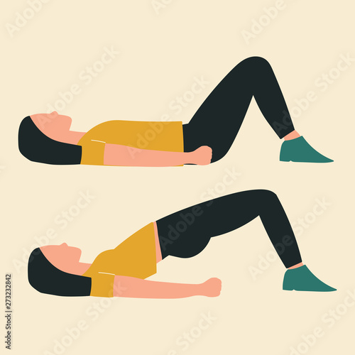 Woman doing hip thrusts. Illustrations of glute exercises and workouts. Flat vector illustration 