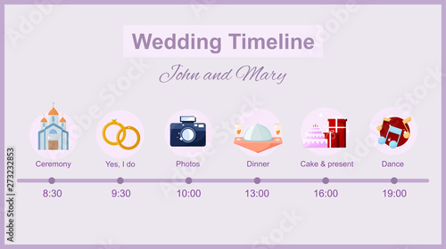 Wedding timeline. Menu on wedding theme plan. Vector 