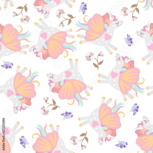 Unicorns with wings of butterfly, birds and flowers isolated on white background seamless gentle pattern.