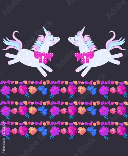 Funny frolic unicorns and beautiful striped border, composed of bright flowers, butterflies and petals on black background.