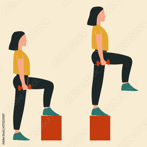 Woman doing steps-up. Illustrations of glute exercises and workouts. Flat vector illustration