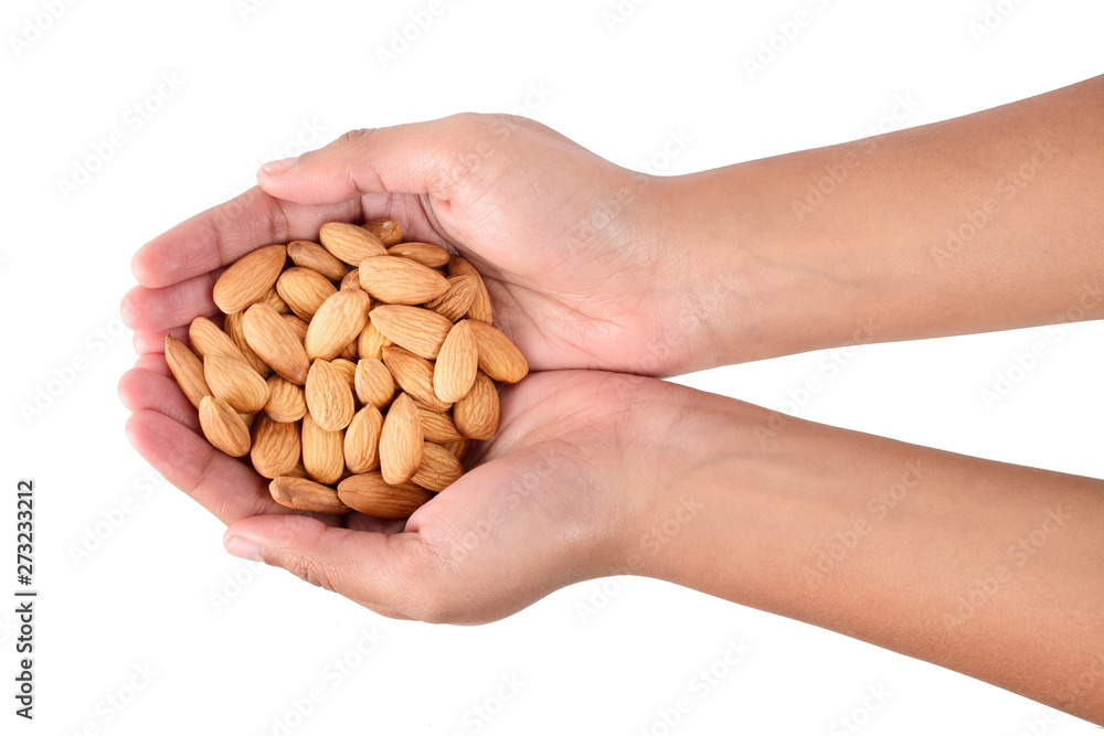 almonds in hands isolated on white background almonds in hands isolated on white background