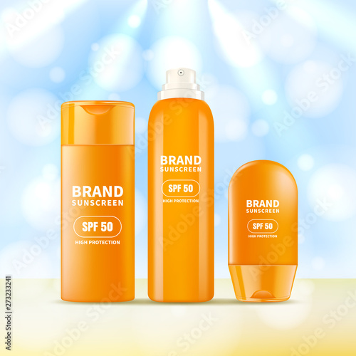 Sunscreen cosmetic mockup design template. Vector realistic 3d illustration of sun protection cream, lotion, spray.
