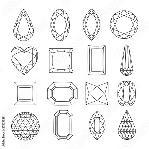Line art gems, vector icons set. Diamonds and jewels linear illustration. Precious gemstones design elements