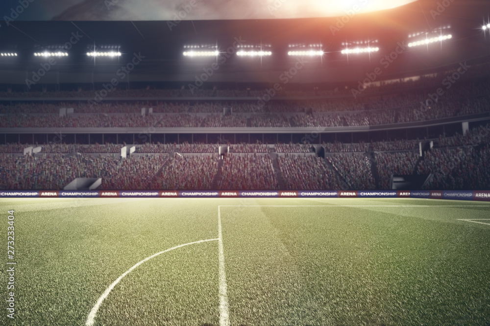 Fototapeta premium soccer field with lights and spectors 3d rendering