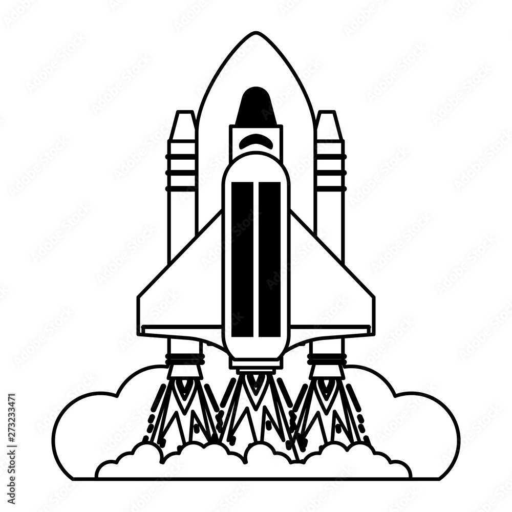 Spaceship taking off symbol isolated in black and white Spaceship taking off symbol isolated in black and white