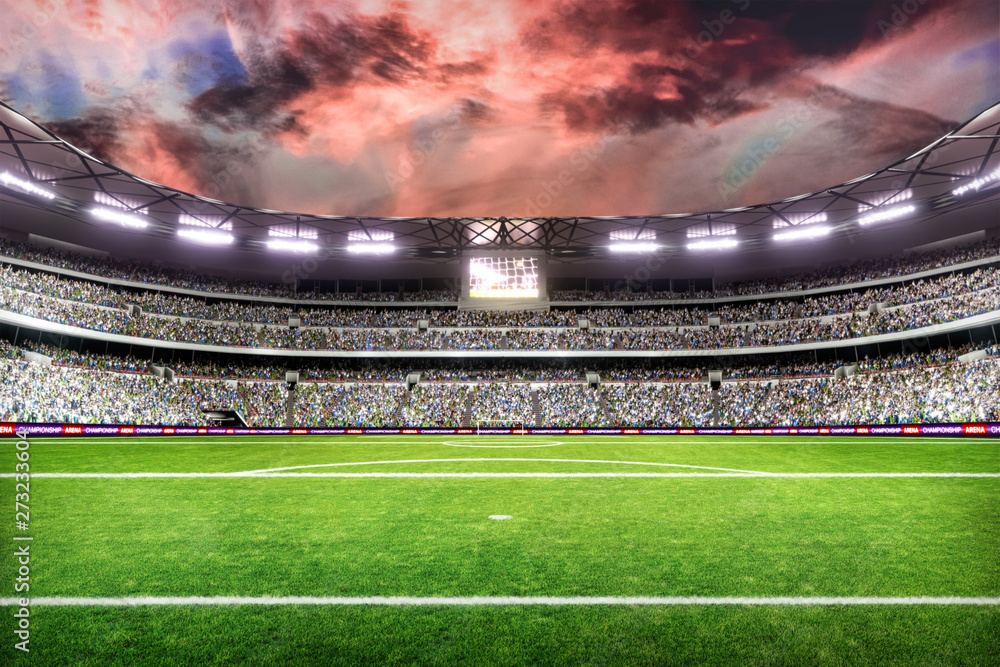 soccer field with lights and spectors panorama 3d rendering Stock Photo