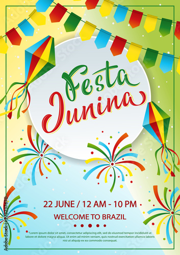 Festa Junina A4 poster design. Lettering text June party in Brazilian. Brazil tradition harvest festival. Vector colorful template with festival fire, paper lantern and garland.