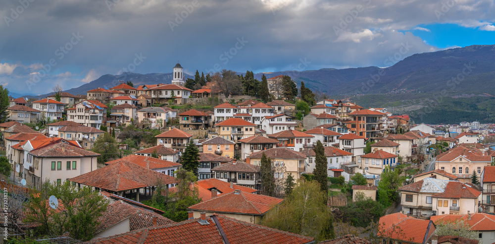 Hillside red tiled rooftops of houses in Ohrid