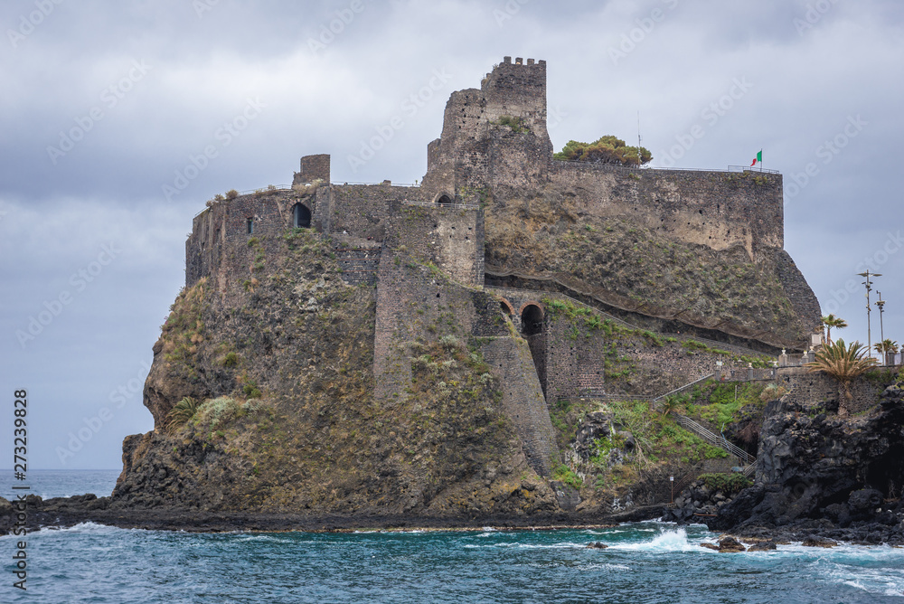 View from pier on castle built in 1076 by the Normans in Aci Castello town on Sicily Island in Italy