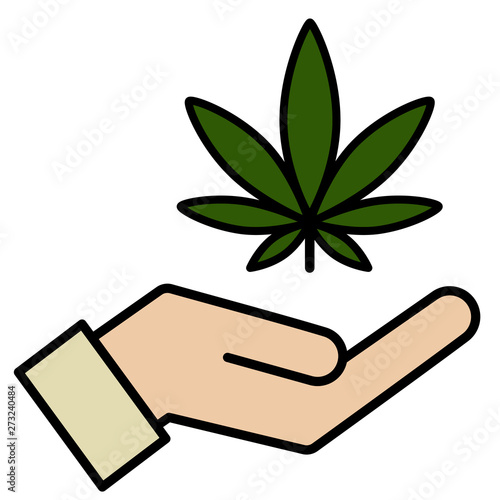 Marijuana in the hand. Icon product label and logo graphic template. Isolated vector illustration on white background.