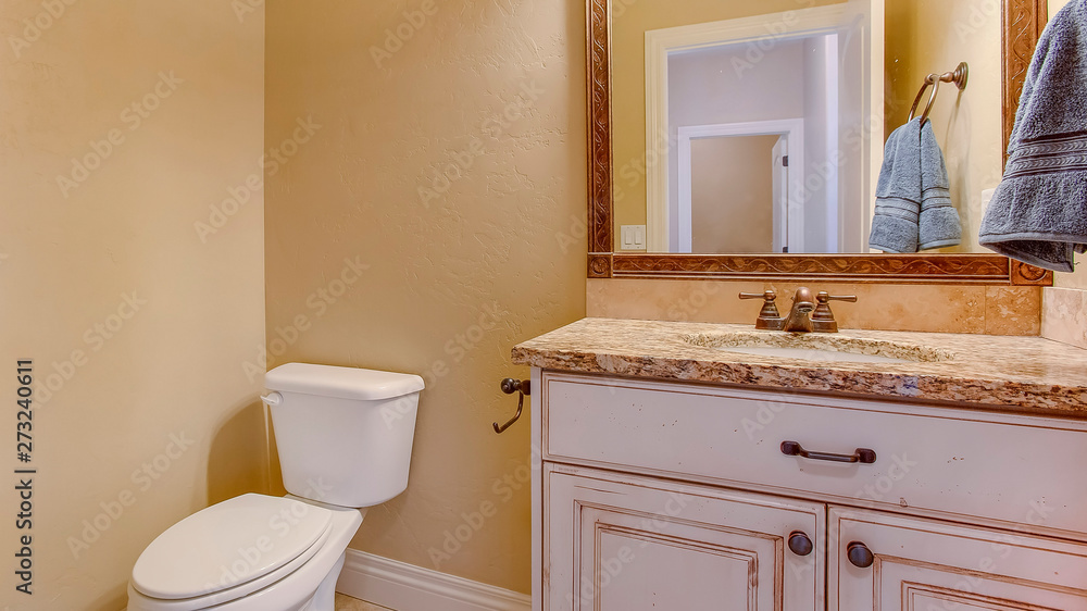 Panorama frame Bathroom interior with view of a toilet adjacent to the vanity area Panorama frame Bathroom interior with view of a toilet adjacent to the vanity area