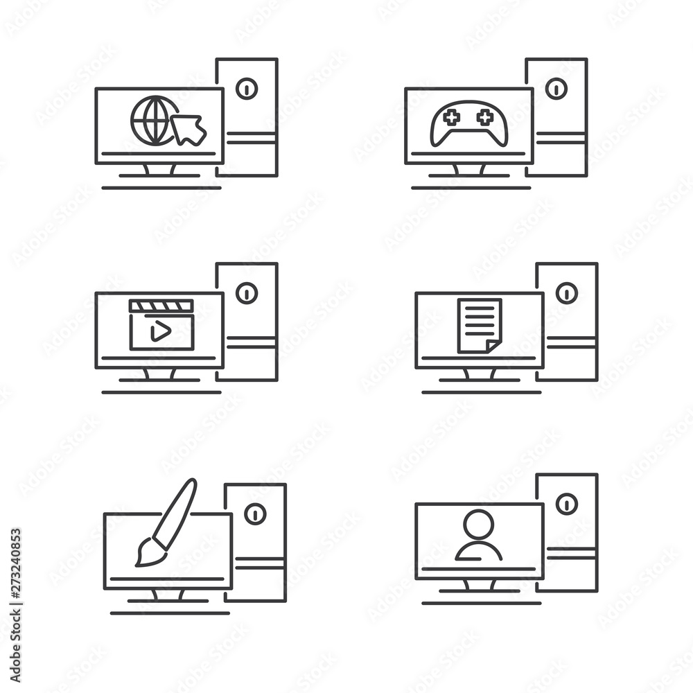 Set of computer vector icon line design. computer usability icon such as for browsing, work, design, play movie, chatting and other Set of computer vector icon line design. computer usability icon such as for browsing, work, design, play movie, chatting and other