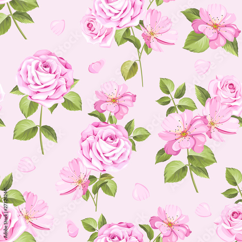 roses and leaves seamless pattern 