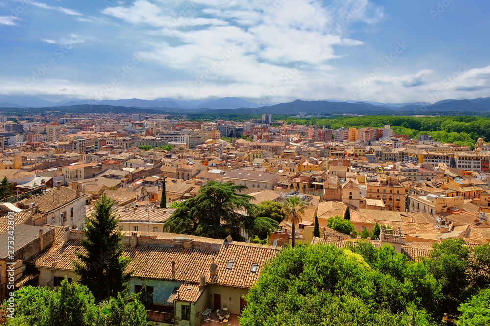 Cityscape, view of Girona, Catalonia, Spain. The Girona Cathedral, also known as the Cathedral of Saint Mary of Girona is a Roman Catholic church.