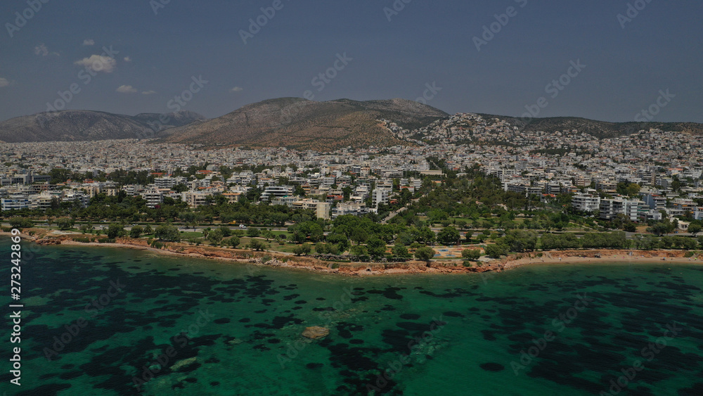 Aerial drone bird's eye view of famous seascape of Athens Riviera, Voula, Athens Riviera, Attica, Greece