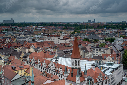 General aerial view of Munich from a tower featuring rooftops of buildings