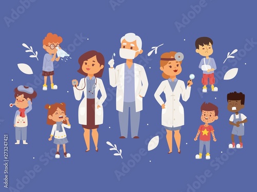 Team of pediatrician doctors with ill children banner vector illustration. Otorhinolaringologist physician with equipment. Man in mask. Woman holding stethoscope. Kids with cough, rash. photo