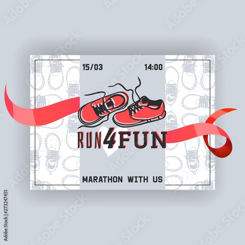 Run for fun banner, flyer vector illustration. Marathon with us, date and time. Sport shoes, sneakers for training, fitness. Running shoes, trainers. Healthy lifestyle. Race for sportsman.