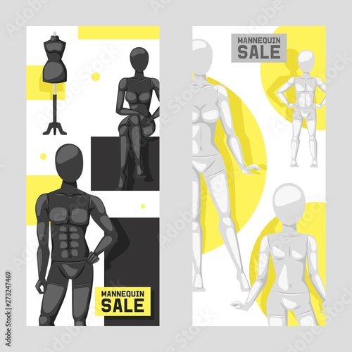 Mannequins sale set of banners vector illustration. Fashion clothing store, shop window. Different poses and colurs fashion female male full body and partial mannequins collection.