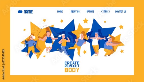 Create perfect body banner web design vector illustration. People with overweight doing exercises. Obese man and woman doing exercises with jumping rope, dumbbells. Overweight training.