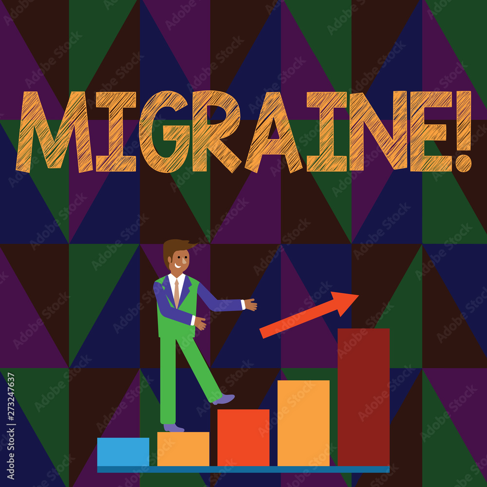 Conceptual hand writing showing Migraine. Concept meaning Recurrent headache in one side of head nausea and disturbed vision Smiling Businessman Climbing Bar Chart Following an Arrow Up Conceptual hand writing showing Migraine. Concept meaning Recurrent headache in one side of head nausea and disturbed vision Smiling Businessman Climbing Bar Chart Following an Arrow Up