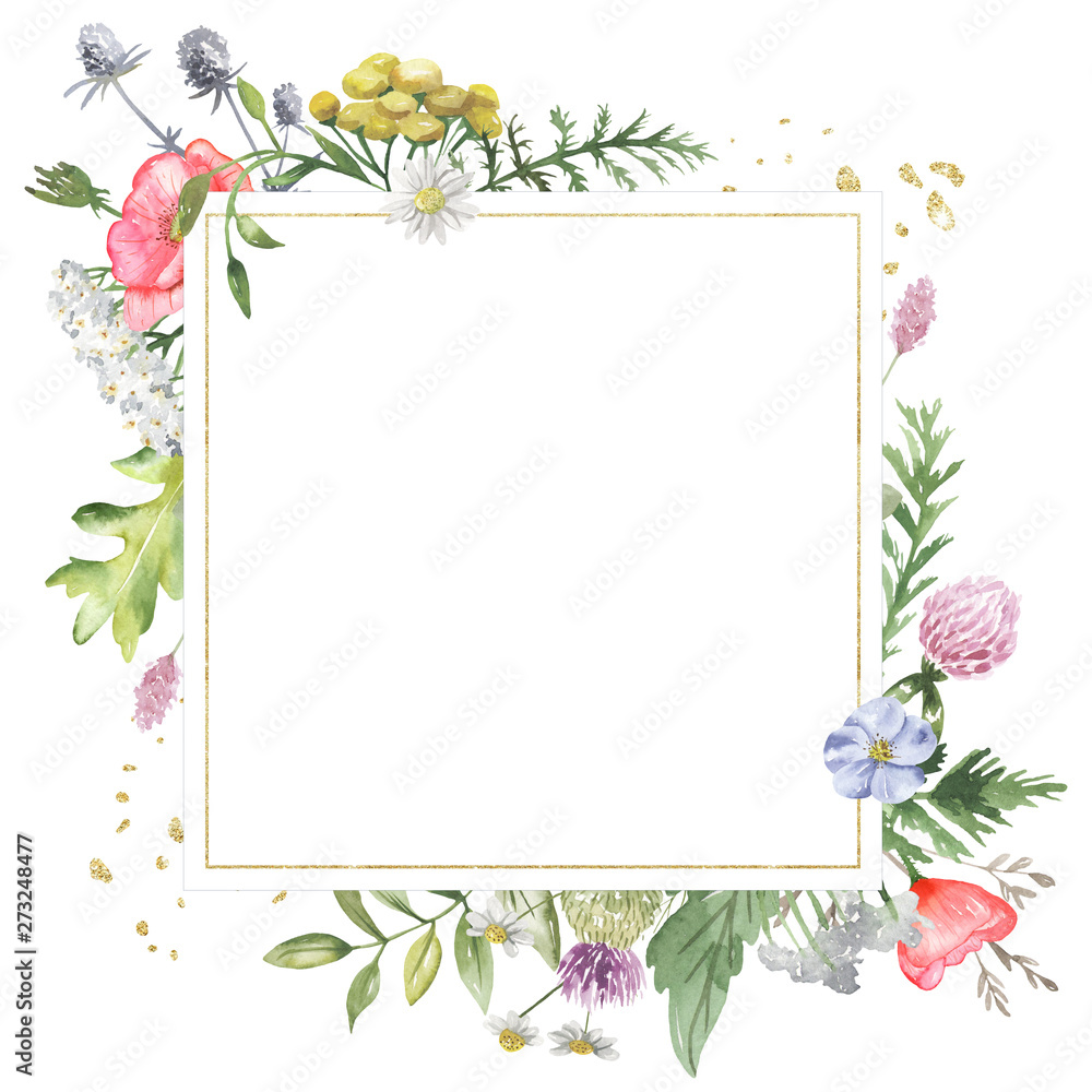 Golden geometric frame with watercolor wildflowers. Template for the text in the form of a square, heart, circle, rhombus. Great for cards, invitations, greeting cards, weddings, quotes, patterns, bou