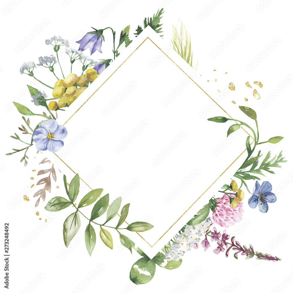 Golden geometric frame with watercolor wildflowers. Template for the text in the form of a square, heart, circle, rhombus. Great for cards, invitations, greeting cards, weddings, quotes, patterns, bou - obrazy, fototapety, plakaty 