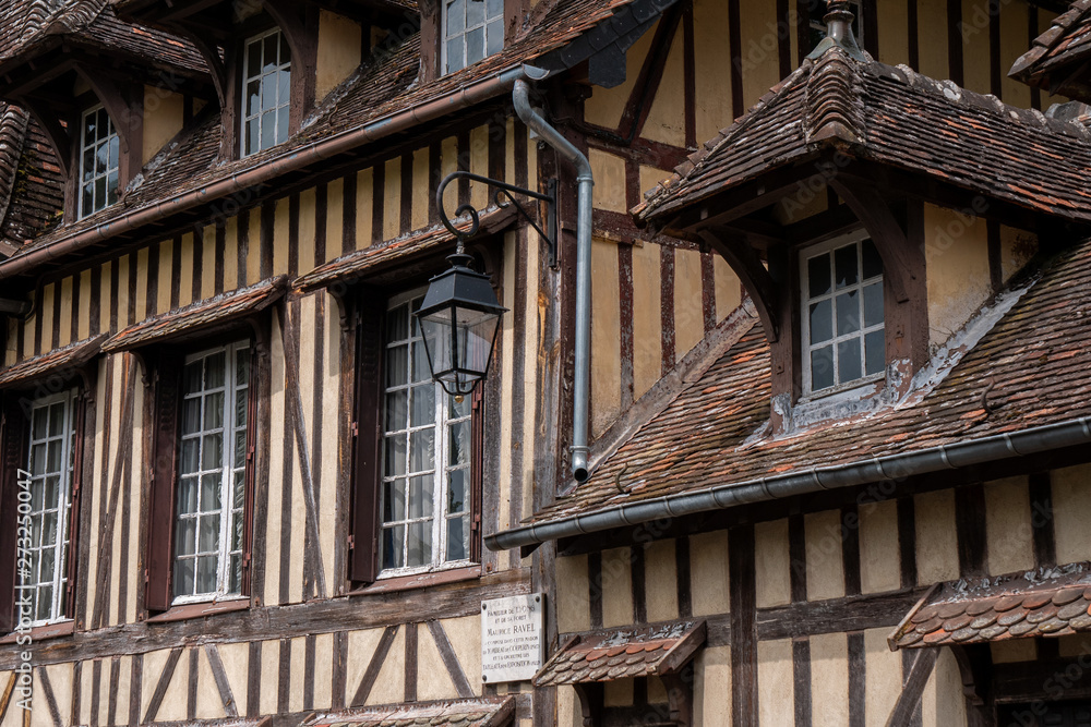 Typical building facade of houses from Normandy, France