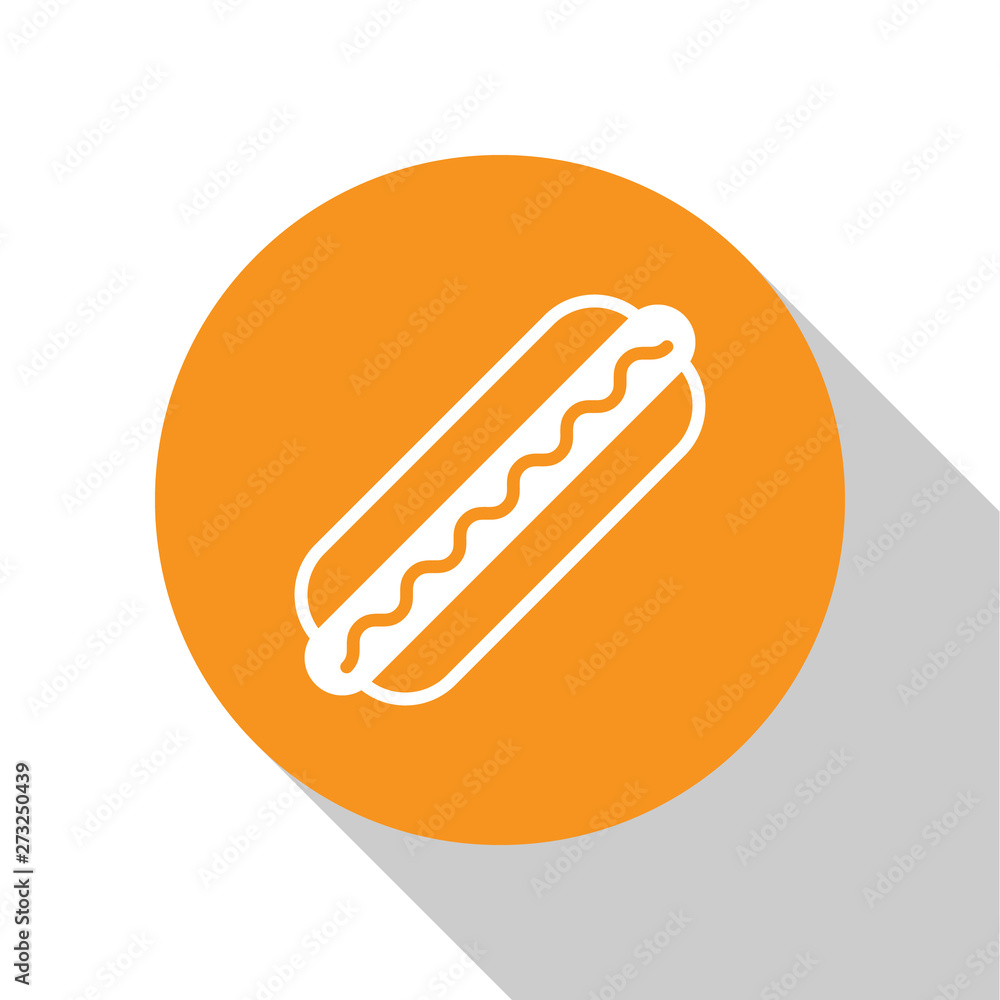 White Hotdog sandwich with mustard icon isolated on white background. Sausage icon. Fast food sign. Orange circle button. Vector Illustration White Hotdog sandwich with mustard icon isolated on white background. Sausage icon. Fast food sign. Orange circle button. Vector Illustration