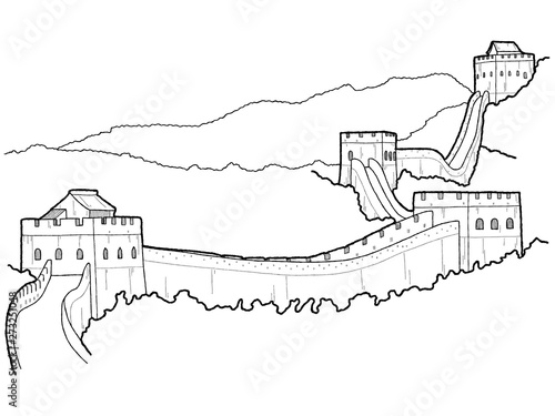 Great Wall of China, China: Vector Illustration Hand Drawn Cartoon Art