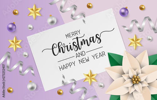Merry christmas greeting card with white poinsettia flowers,white and purple balls and gold star on puple background. Vector illustration © jintana