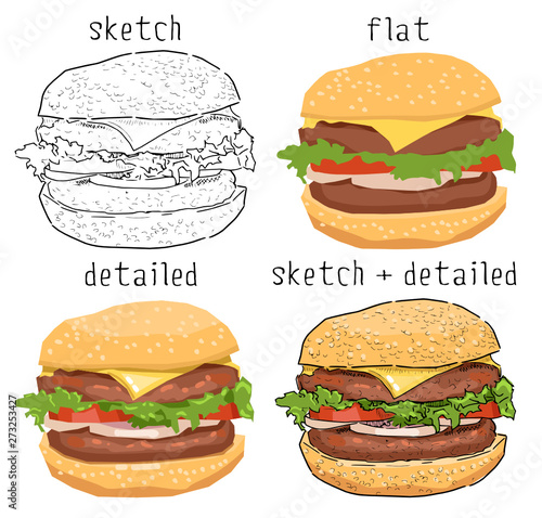 Vector illustration of a hamburger drawn in different styles. Fast food sketch, digital drawing, painting. Beautiful burger drawing isolated on white background
