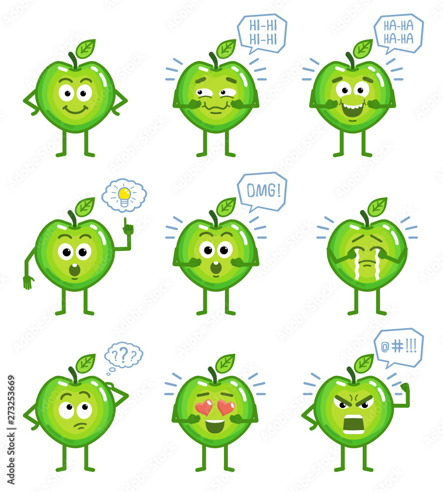 Set of cartoon apple characters showing different actions, gestures, emotions. Cheerful apple laughing, surprised, crying, thinking, pointing, in love, angry. Simple vector illustration Set of cartoon apple characters showing different actions, gestures, emotions. Cheerful apple laughing, surprised, crying, thinking, pointing, in love, angry. Simple vector illustration