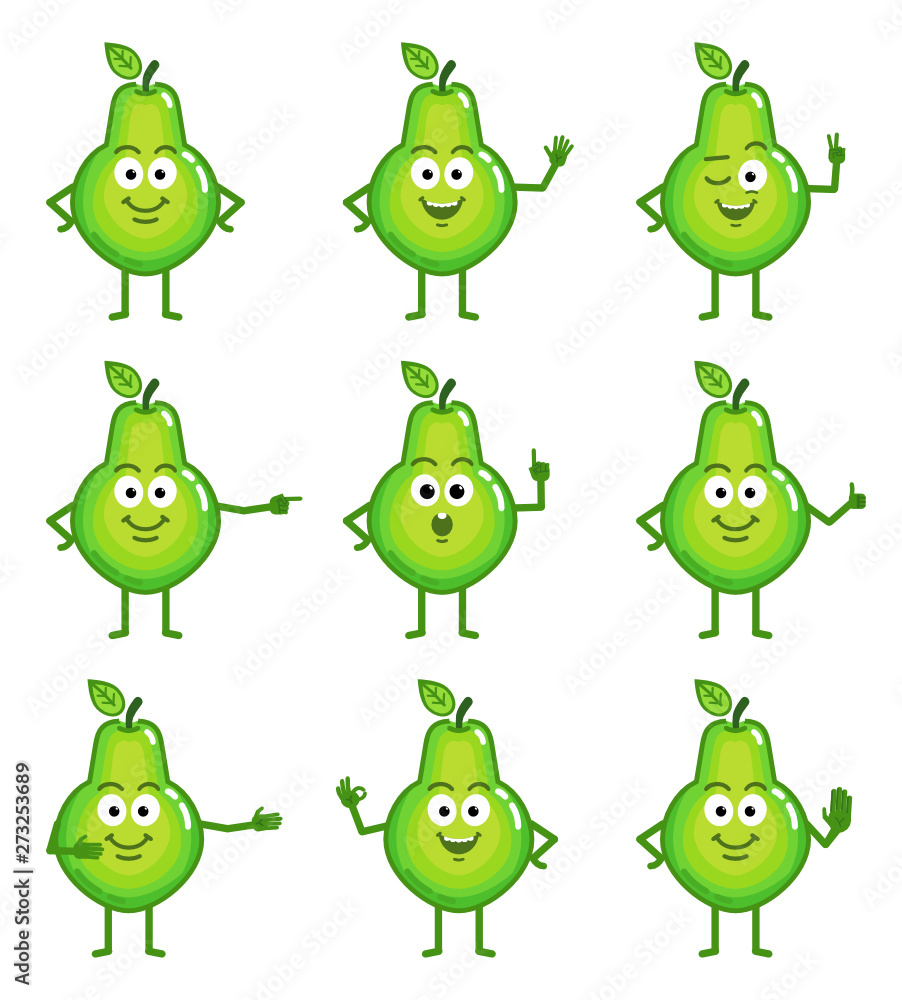 Vector illustration of a cartoon pear character showing different hand gestures Vector illustration of a cartoon pear character showing different hand gestures