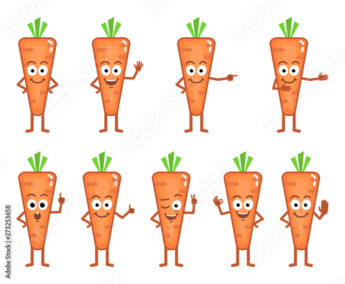 Vector illustration of a cartoon carrot character showing different hand gestures