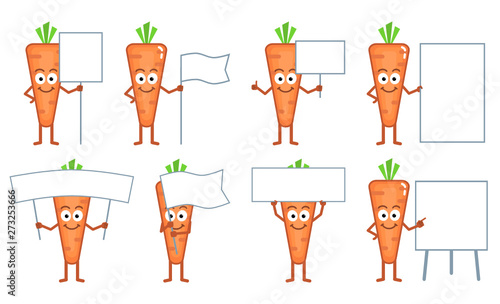 Vector illustration of a cartoon carrot character posing with different blank banners