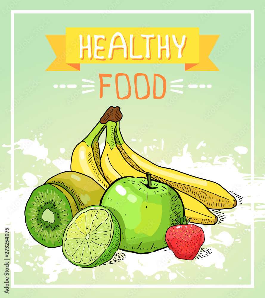 Vector Background Lifestyle Healthy Food Poster Or Banner With Hand Drawn  Fruits And Lettering Text Healthy Lifestyle On Green Backdrop Stock  Illustration - Download Image Now - iStock