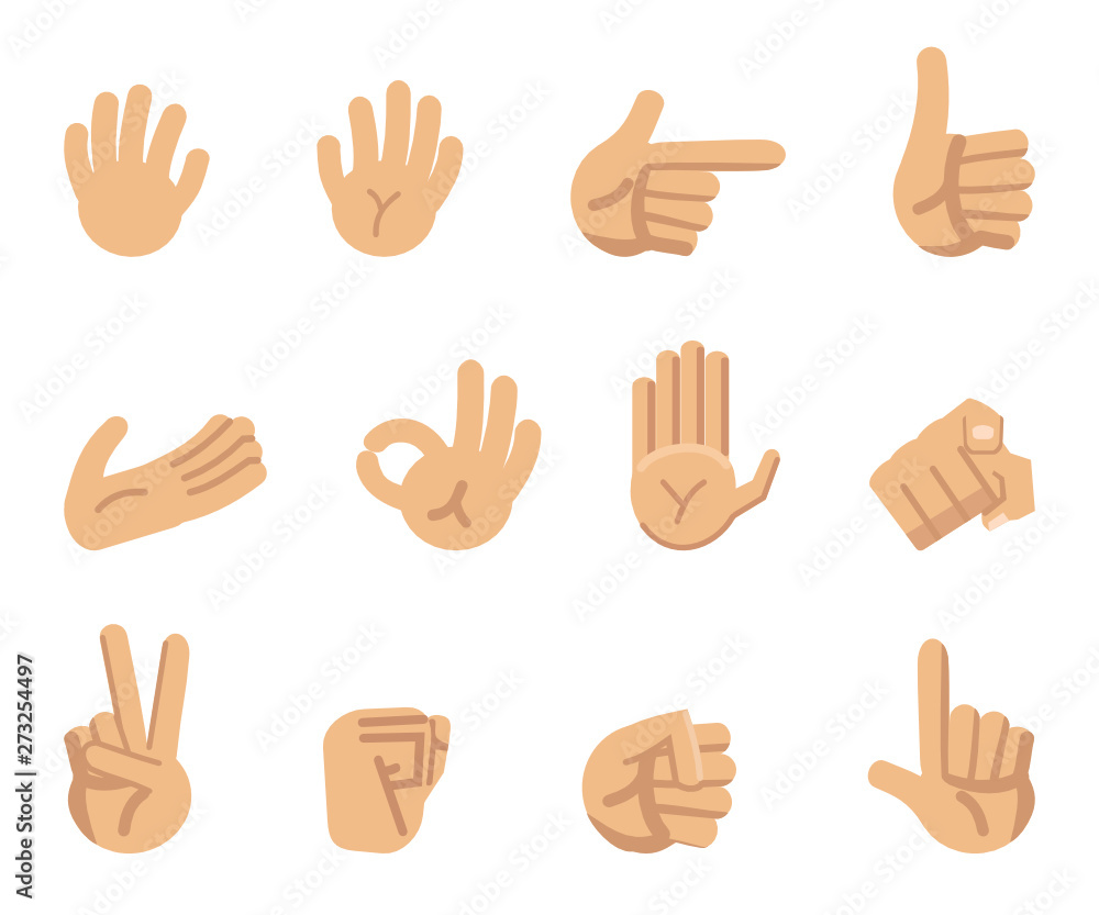 Set of cartoon hands showing different gestures. Okay, thumb up, this way, pointing, victory sign, stop, fist and other icons. Simple style vector illustration Set of cartoon hands showing different gestures. Okay, thumb up, this way, pointing, victory sign, stop, fist and other icons. Simple style vector illustration